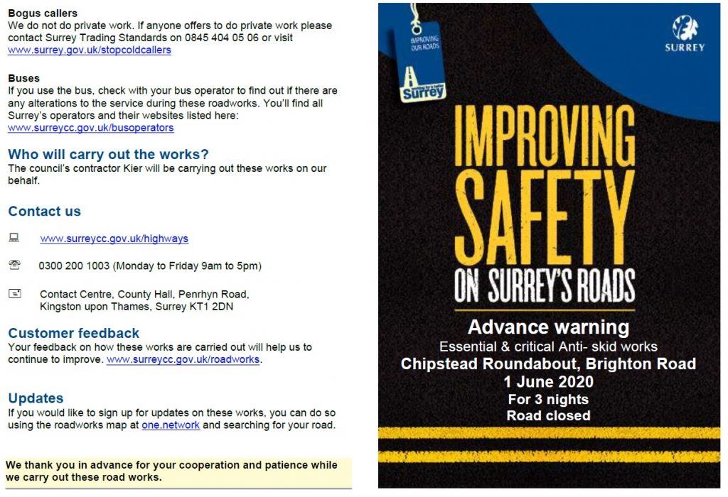 A217 Overnight closure 1st June 2020 for 3 nights Kingswood Village